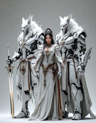 The primary subject of the image is a woman dressed in a white gown, standing between two men dressed in white armor. The setting appears to be a white background, which gives the image a clean and minimalistic visual style. The woman and the men are the main focus of the image, and their attire and poses suggest a sense of elegance and strength. The overall atmosphere of the image is one of beauty and power.